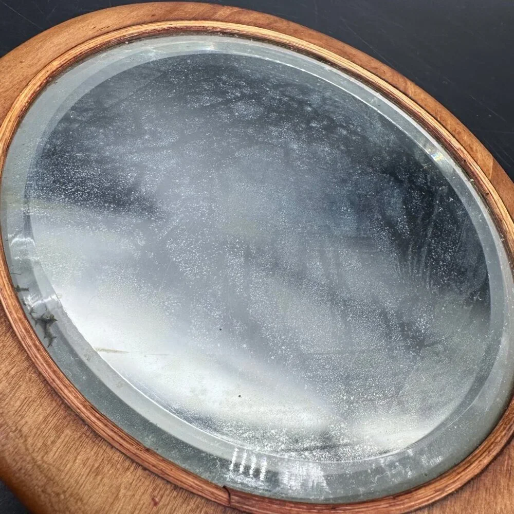 Vintage Handheld Wooden Vanity Mirror Beveled Glass Retro Bathroom Decor